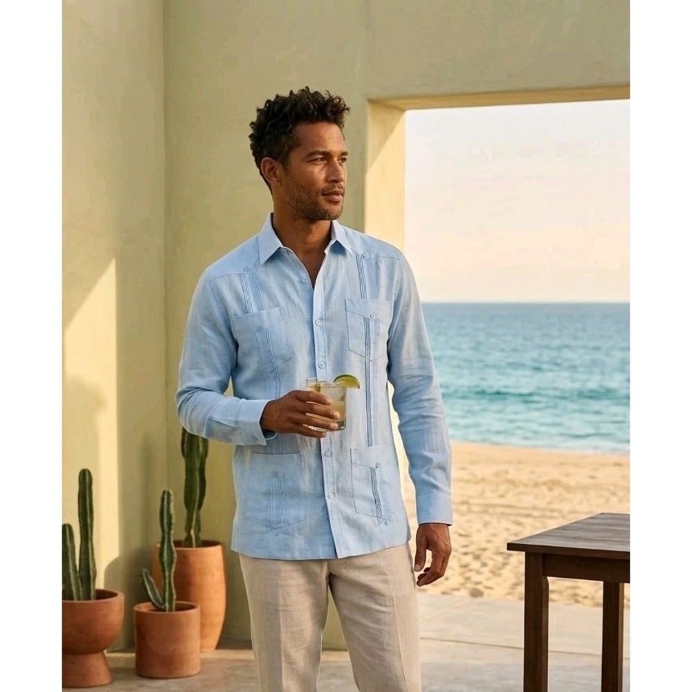 Cubavera Guayabera Shirt Mens Small Blue Linen Long Sleeve Button Up Pockets